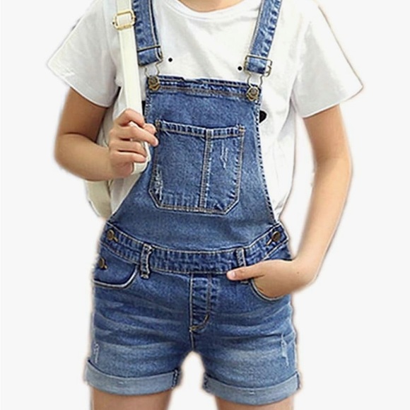 Sitmptol Girls little big kids distressed BF jeans denim overalls size 7/8 years - Picture 1 of 3